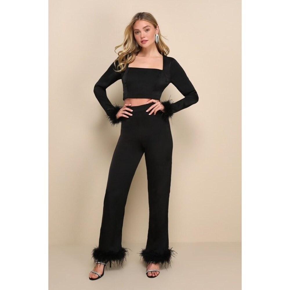Lulus Premium Aura Black Satin High-rise Wide-leg Feather Pants - Size M